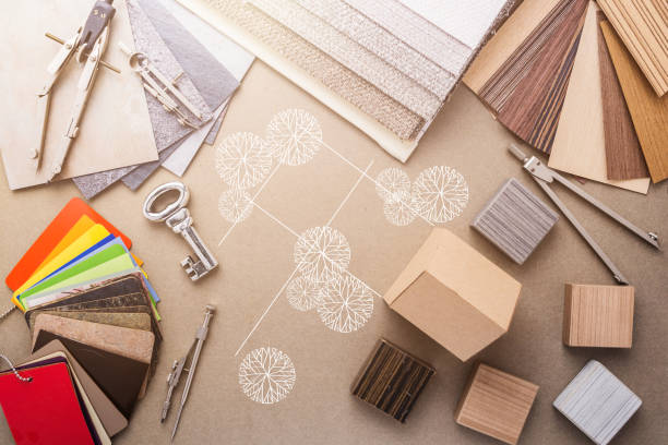 design concept with material sample with stone laminate veneer wooden pencil with free copy space for your creativity ideas text