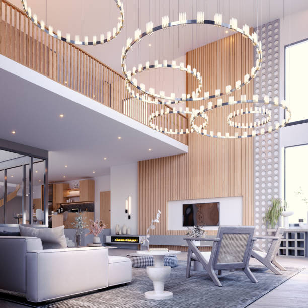 3d rendering,3d illustration, Interior Scene and  Mockup,living room interior duplex,high ceilings contemporary furnishings style.