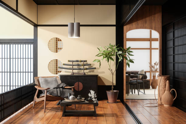 Japanese Style Living Room Interior With Armchair, Coffee Table, Potted Plant, Dining Table And Sofa