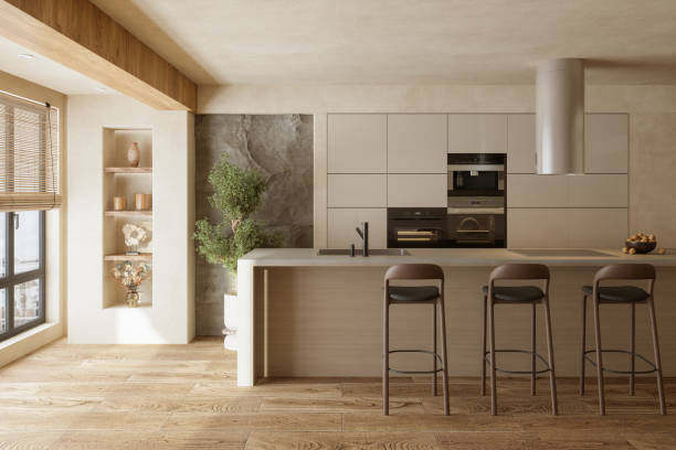Wabi Sabi Style Kitchen With Cabinets, Kitchen Island, Potted Plant And Parquet Floor