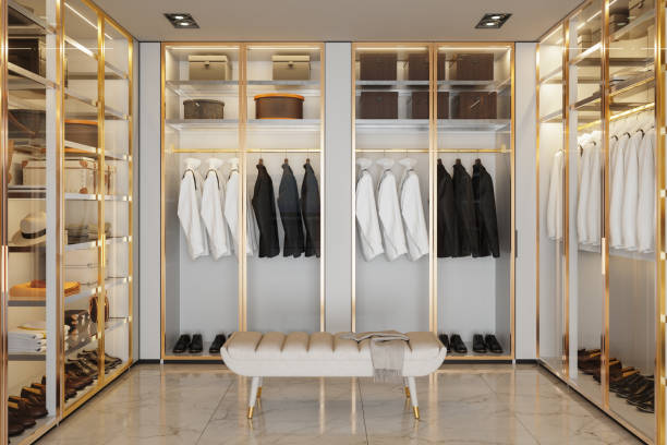 Modern Walk-In Closet With Hanging Jackets And Shirts In Wardrobe